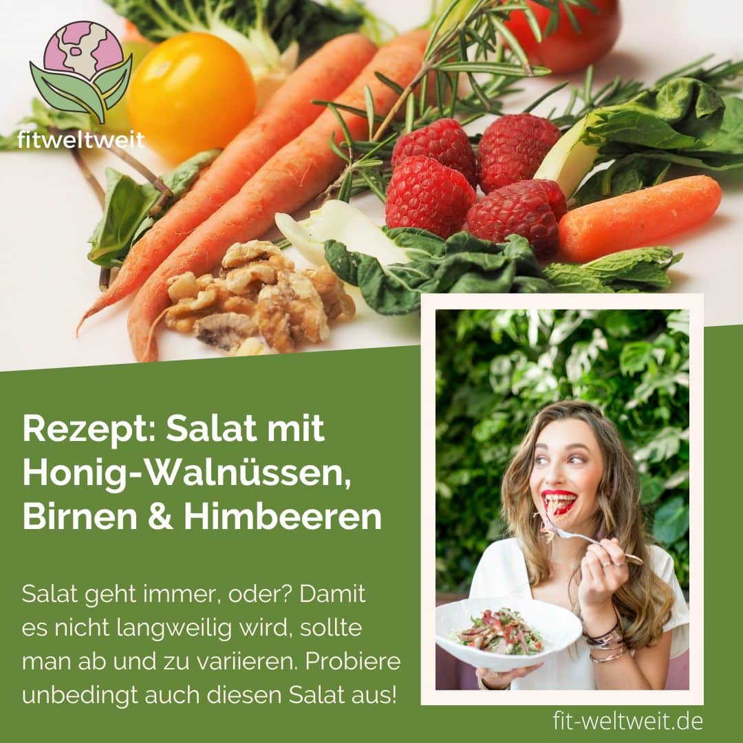Rezept Bunter Salat mit Honig-Walnüssen, Birnen und Himbeeren