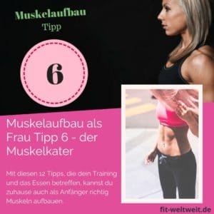 Muskelaufbau als Frau Tipp 6 - der Muskelkater. Tipp 6 Muskelwachstum. Um als #Frau Muskeln aufbauen zu können solltest du einige Tipps beachten. Mit diesen 12 Tipps, die dein Training und das Essen betreffen, kannst du zuhause auch als Anfänger richtig Muskeln aufbauen. Zusätzlich habe ich für dich einen #Muskelaufbau #Trainingsplan (speziell für Frauen) mit effektiven HIIT Übungen. Natürlich gelten die Tipps auch für Fitnessstudio Gänger. Die Tipps betreffen den gesamten Körper (Bauch, Beine, Brust, Po, Arme und Rücken). 