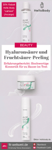 #AntiAging #Haut #Geheimnis Das Geheimnis für glatte Haut. Ich habe die Aloé Linie Bon Hello Body (Werbung) getestet mit Hyaluronsäure und das Fruchtsäure Peeling für zuhause. Hast du Probleme mit Akne und Pickeln? (+30% Rabattcode)