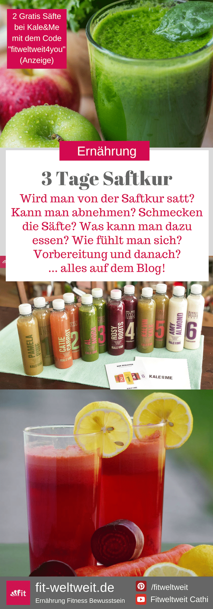 #Saftkur kaufen Saftkur Rezepte: Sichere dir 2 Gratis Säfte oder Shots bei Kale & Me mit dem Code "fitweltweit4you" (Werbung). Kale & Me Rabattcode 2020 Aktion: 2 GRATIS Säfte oder Saft Shots und 1 Jutebeutel geschenkt. Wähle dazu bei Kale & Me eine Saftkur, einzelne Säfte oder Saft Shots aus, lege sie in den Warenkorb, klicke "Warenkorb bearbeiten", mache einen Haken bei "Ich habe einen Gutschein" und gebe da den Code "fitweltweit4you" ein. Weitere Erklärungen + Erfahrungen auf dem Blog.
