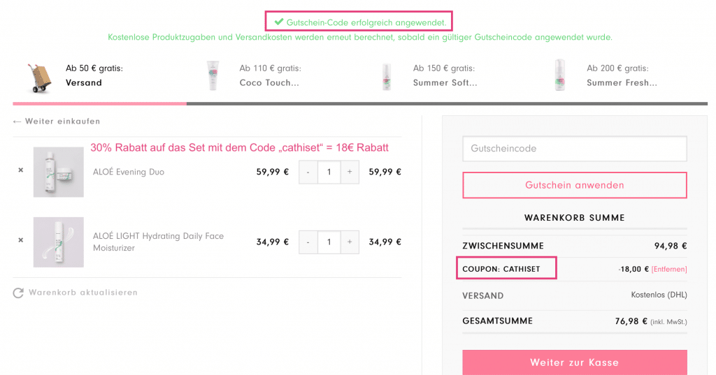 Hello Body Aloé Linie Erfahrung und Rabatt (Werbung). Günstige Variante: Das Aloé Evening Duo aus Night und Tonic auswählen und dazu die Light Creme. Alle 3 Produkte für 76,98€ mit kostenlosem Versand. 30% Rabatt auf das Set mit dem Code "cathiset".