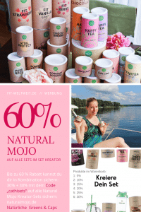 Natural Mojo Code und Rabatt Gutscheine 2019 (Werbung): 20 % Rabatt auf den gesamten Natural Mojo Shop mit dem Gutscheincode "FITWELTWEIT20", 30 % Rabatt auf alle Sets bei Natural Mojo mit dem Gutscheincode "CATHISETS" (April Special 30% Rabatt +gratis Skin Beauty Caps mit dem Code: CATHISKIN) und 50 % Rabatt (2 für 1) auf das Sweet Lover Set mit "CATHISWEET". Alle Infos zu den  Natural Mojo Rabattcodes erhältst zu hier.