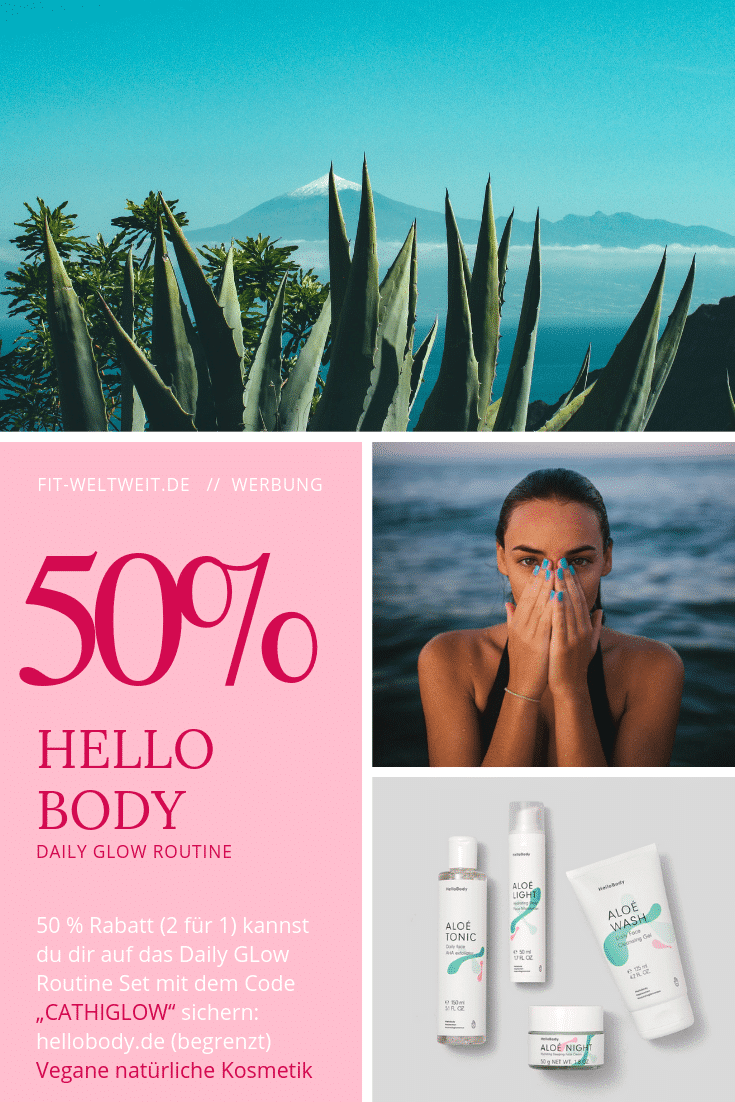 #HelloBody Code Aktion 2019 Aloé Vera Daily Glow Routine Set gratis (Werbung). Unreine #Haut, #Hautunreinheiten, #Pickel #Akne Face-Routine. Hello Body Bestseller das "Daily Glow Routine" Set bekommst du mit 50% Rabatt (2 für 1) oder ab einem Einkauf von 99,98€ gratis dazu. Waren im Wert von 99,98€ in den Warenkorb legen, bei Gutscheincode dann den Rabattcode "CATHIGLOW" eingeben: Das Daily Glow Routine Set mit dem Aloé Wash, Tonic, Light und Night wird gratis hinzugefügt. #aloevera #Gesicht