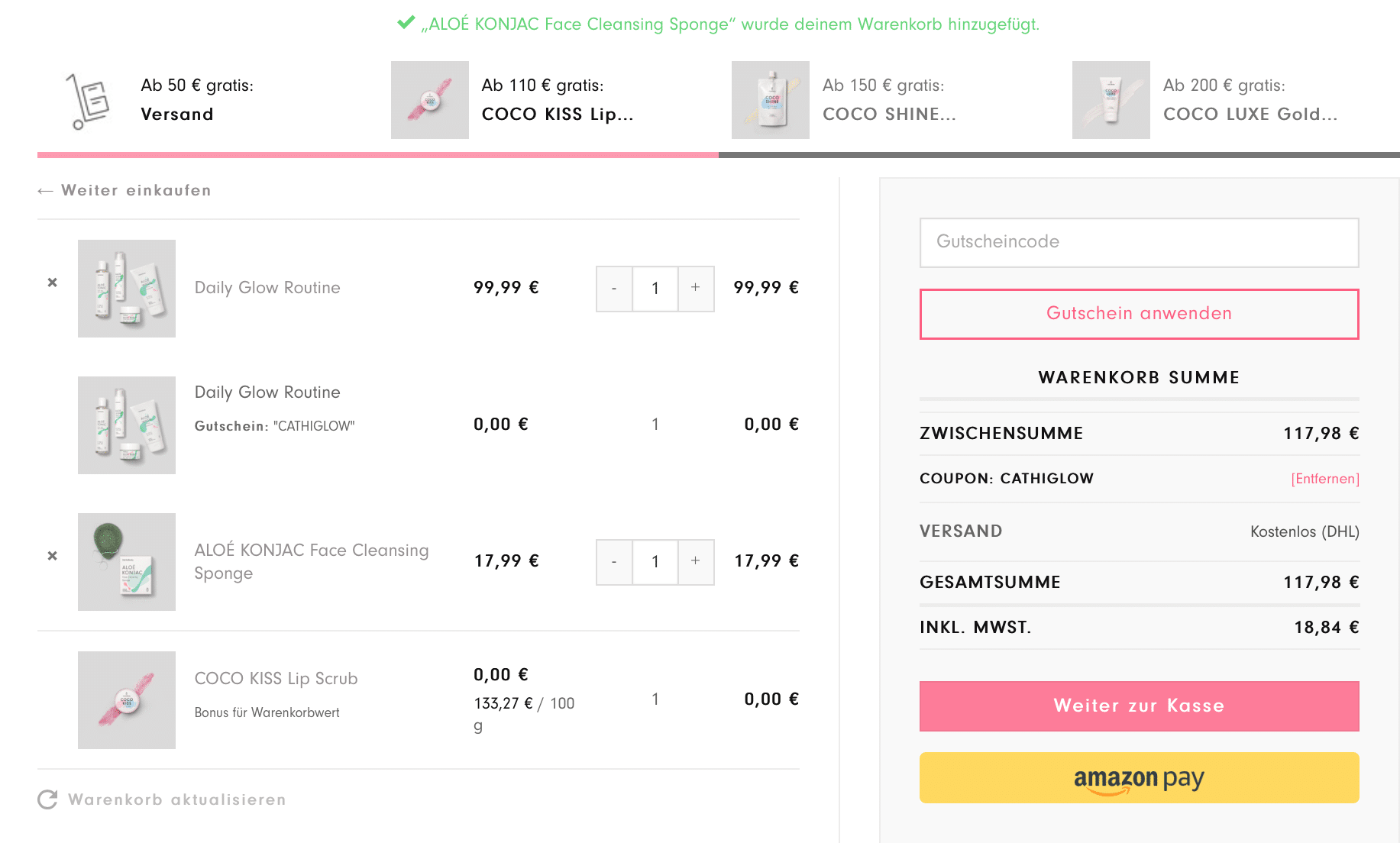 #HelloBody Code Aktion 2019 Aloé Vera Daily Glow Routine Set (Werbung). Perfekt für unreine #Haut, #Hautunreinheiten, #Pickel oder als #Akne Face-Routine. Mein absolutes Lieblingsset von Hello Body (das "Daily Glow Routine" Set) bekommst du mit 50% Rabatt, also 2 Sets zum Preis von einem. 1 Daily Glow Routine Set in den Warenkorb legen, bei Gutscheincode dann den Rabattcode "CATHIGLOW" eingeben: Das zweite Set mit dem Aloé Wash, Tonic, Light und Night wird gratis hinzugefügt. #aloevera #Gesicht