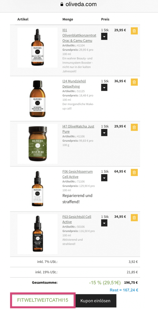OLIVEDA Naturkosmetik August 2019: bis zu 50% Rabatt ohne Anmeldung // #BEAUTY für innen und außen. #Ölziehen für eine gesunde Mundhygiene und reine #Haut im #Gesicht (ohne #Pickel). Immunbooster Drinks für dein Immunsystem. (Seren, Öle, Gesicht , Mund, Olivenöl, …) #OLIVEDA #ERFAHRUNGEN und #REVIEW 15 % Rabatt kannst du dir mit dem Code "FITWELTWEITCATHI15" (groß geschrieben) sichern auf alle Produkte von OLIVEDA ohne Mindestbestellwert + 30% Set Rabatt. Bis zu 40% Rabatt regulär. (Werbung)