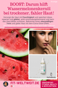 FEUCHTIGKEITSBOOST #Gesicht #MakeUp #trockene #Haut #Hautpflege #Feuchtigkeit #Teint Darum hilft Wassermelonenkernöl bei trockener, fahler Haut, #Falten , #Müdigkeit und müder Haut! Versorgt die Haut mit Feuchtigkeit und speichert diese, repariert und glättet, wirkt entzündungshemmend und kann das Haut-Milieu schützen. Bekomme einen ebenmäßigen Teint und glatte Haut mit dem Extra-Glow-Effekt: Aloé Drops Daily Face Glow Booster - 30% Rabatt bei HelloBody auf alle Sets mit dem Code "cathiset". (Werbung)