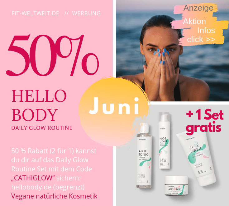 #HelloBody Code Juni Aktion 2019 Aloé Vera Daily Glow Routine Set (Werbung). Perfekt für unreine #Haut, #Hautunreinheiten, #Pickel oder als #Akne Face-Routine. Mein absolutes Lieblingsset von Hello Body (das "Daily Glow Routine" Set) bekommst du mit 50% Rabatt, also 2 Sets zum Preis von einem. 1 Daily Glow Routine Set in den Warenkorb legen, bei Gutscheincode dann den Rabattcode "CATHIGLOW" eingeben: Das zweite Set mit dem Aloé Wash, Tonic, Light und Night wird gratis hinzugefügt. #aloevera #Gesicht