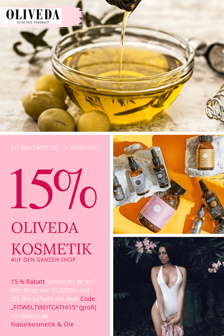 OLIVEDA Naturkosmetik August 2019: bis zu 50% Rabatt ohne Anmeldung // #BEAUTY für innen und außen. #Ölziehen für eine gesunde Mundhygiene und reine #Haut im #Gesicht (ohne #Pickel). Immunbooster Drinks für dein Immunsystem. (Seren, Öle, Gesicht , Mund, Olivenöl, …) #OLIVEDA #ERFAHRUNGEN und #REVIEW 15 % Rabatt kannst du dir mit dem Code "FITWELTWEITCATHI15" (groß geschrieben) sichern auf alle Produkte von OLIVEDA ohne Mindestbestellwert + 30% Set Rabatt. Bis zu 40% Rabatt regulär. (Werbung)