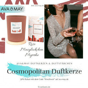 Duftkerze Cosmopolitan Ava May Kerze New York Diese Kerze war Repräsentantin den International Women's Day und eine ist bei mir leider schon leer, nun brennt meine zweite Kerze - die intensive Edition und sie riecht sehr lieblich, blumig und betörend nach floralen Duftnoten wie Maiglöckchen, Myrrhe und Rose. Einfach total leicht und verführerisch.