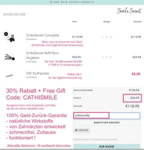 Smile Secret Instagram Rabatt Gutschein Code 2020: 30% Rabatt + gratis Zahnpasta auf deine Bestellung bei Smile Secret ohne Mindestbestellwert mit dem Gutscheincode cathismile.
