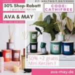 50% Rabattcode Ava and May + 2 gratis Mini Kerzen Geschenke Gutschein Code