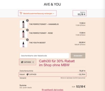 AVE&YOU Rabattcode eingeben Ave and You Rabatt Gutschein Code einlösen Anleitung