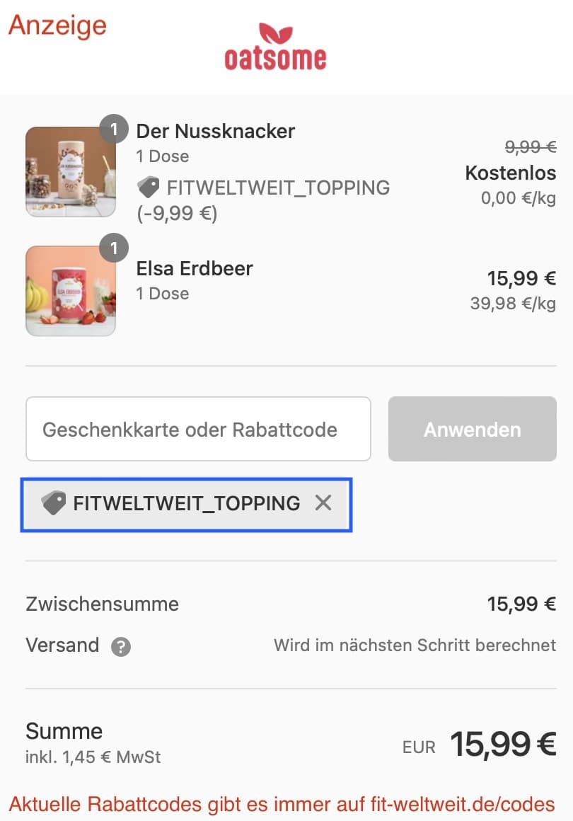 Oatsome Code für gratis Topping free Gift