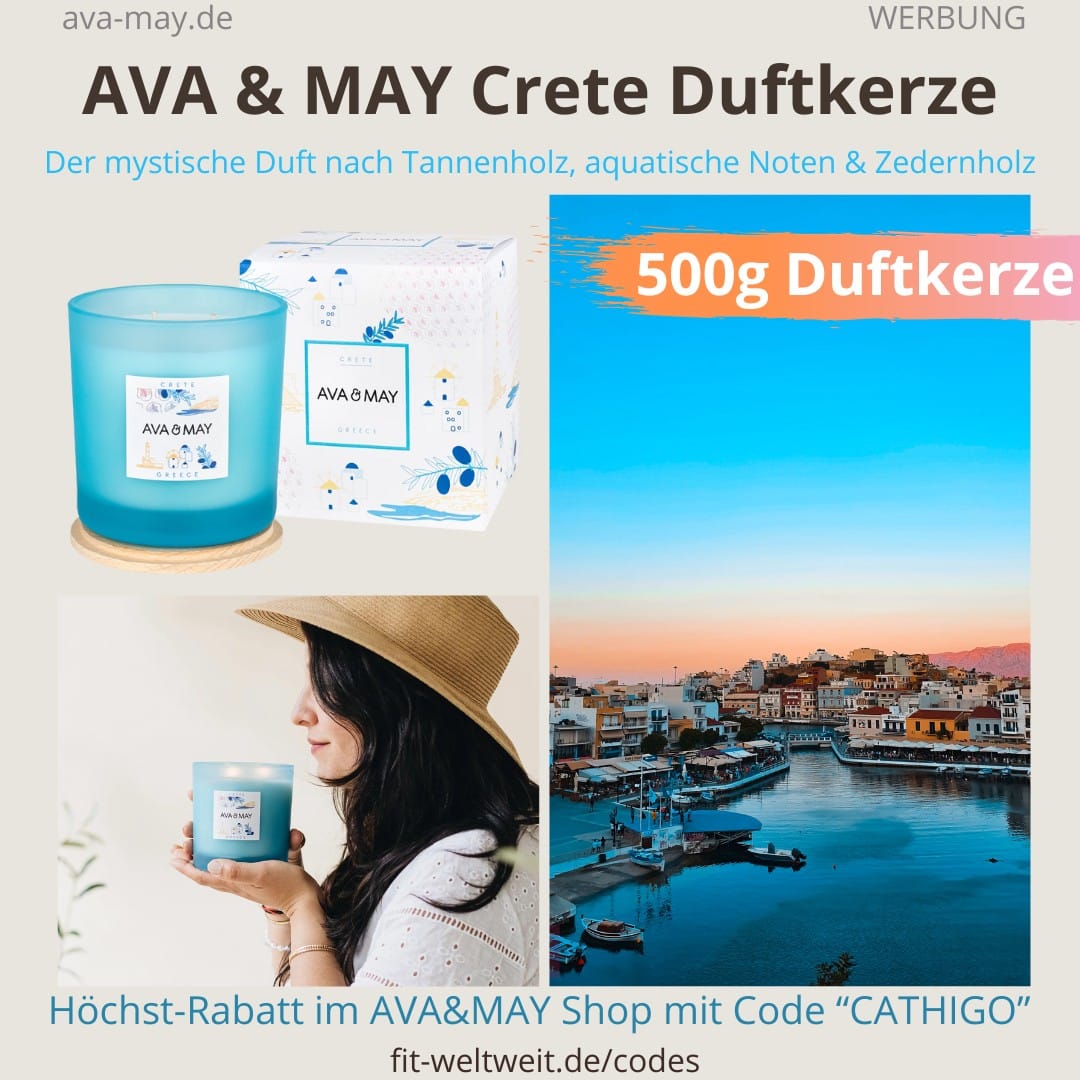 AVA & MAY CRETE Griechenland große Duftkerzen Erfahrungen Kreta Tannenholz, aquatische Noten Zedernholz