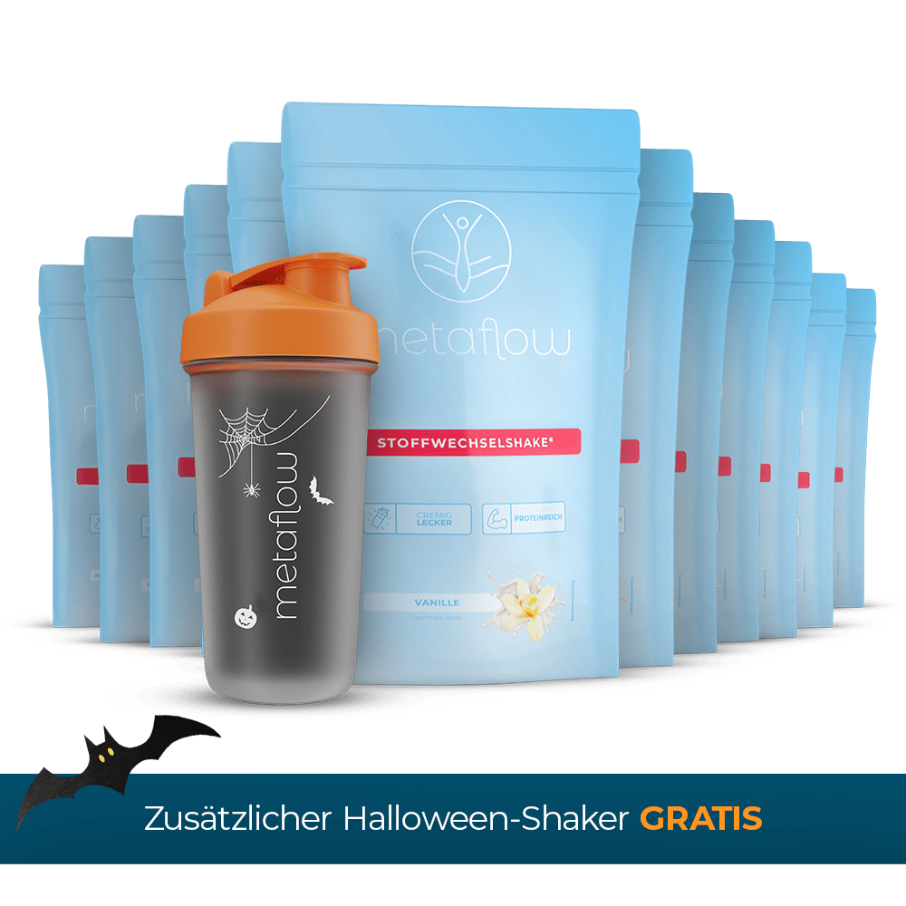 MetaFlow Starterset Halloween Edition mit gratis Shaker, Stoffwechselshake Vanille, Rabattcode CATHIFREE, Doppel Rabatt Aktion longevity slow aging