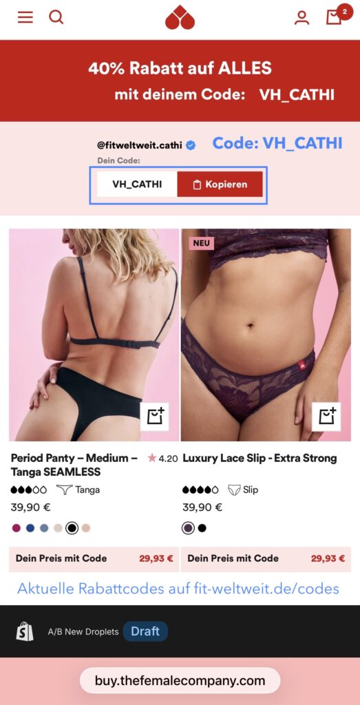 40% Rabatt auf The female Company Produkte mit dem Influencer Code VH_CATHI – nachhaltige Periodenunterwäsche günstiger sichern