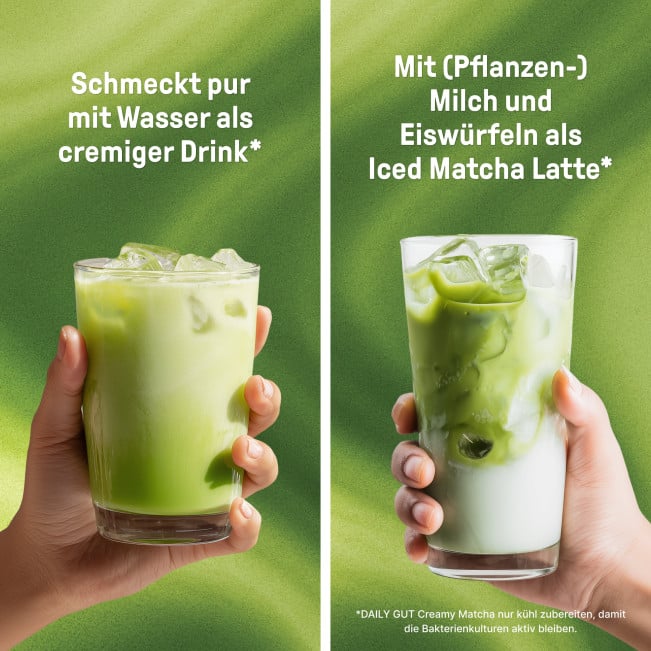 Braineffect Daily Gut Creamy Matcha Variationen Wasser Milch Latte