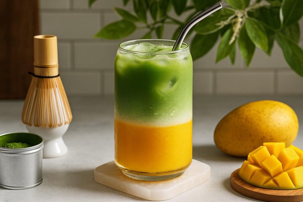 Rezept Mango Coconut Matcha Latte Mousse Summer Smoothie. Braineffect Daily Gut Drink Erfahrung – Matcha Mango Schichtgetränk als Teil der Longevity Nutrition Routine mit Code Vorteil.