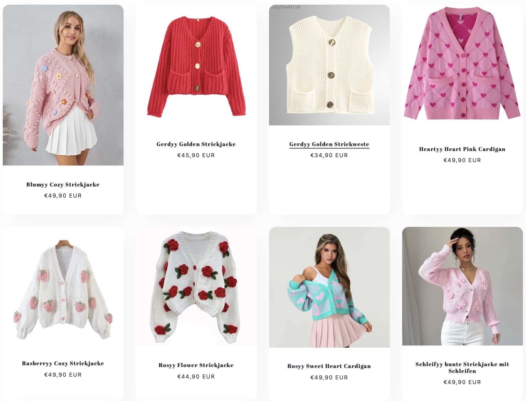 Cozy Wool Craft Strickjacken Kollektion mit Blumyy, Hearty Heart und Rosyy Flower Cardigans – handgefertigte, feminine Cozy Fashion mit Strickblumen und Herzen.