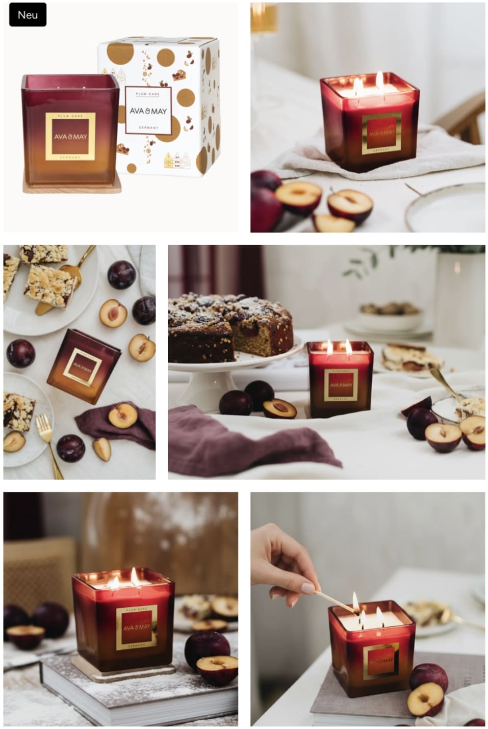 AVA & MAY PLUM CAKE Duftkerze im roten Glas – intensiver Duft wie frisch gebackener Pflaumenkuchen mit Streuseln.