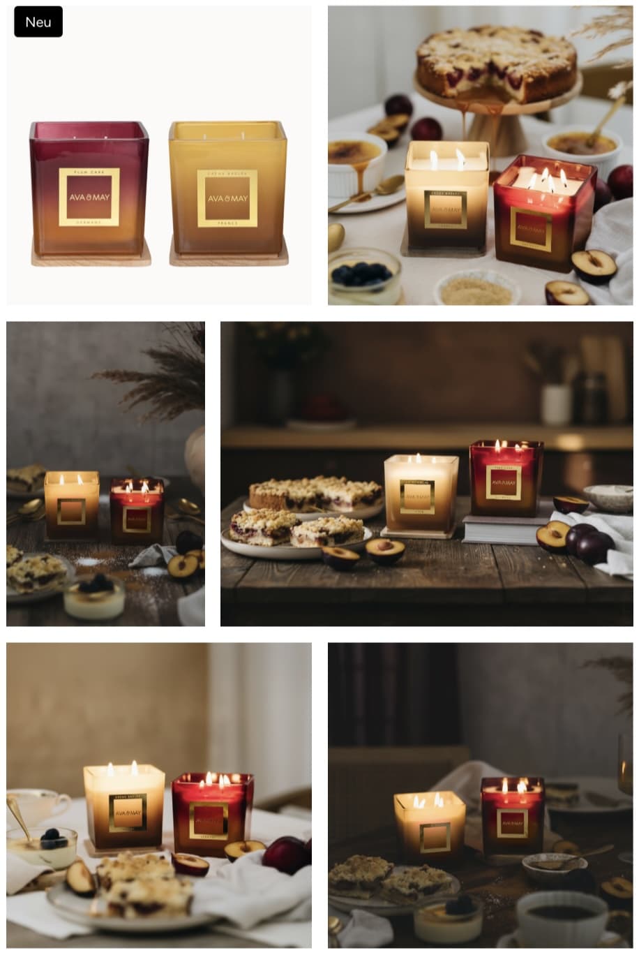 AVA & MAY Duftkerzen PLUM CAKE und CRÈME BRÛLÉE im eckigen Glas – herbstlich-süße Düfte von Pflaumenkuchen, Vanille und karamellisiertem Zucker.