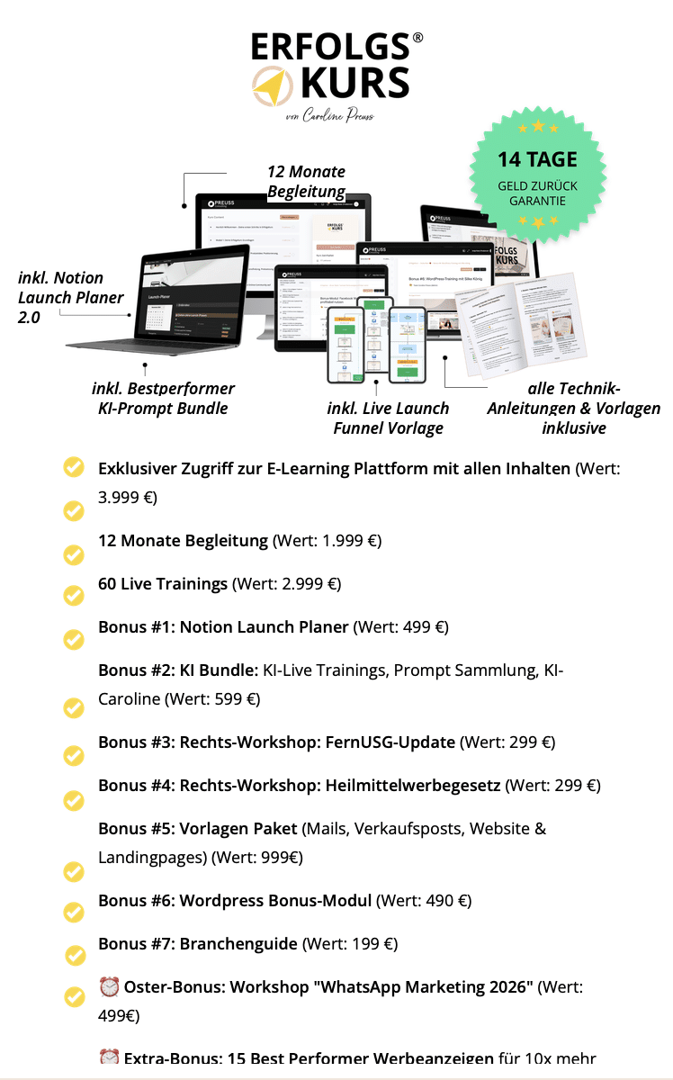 Erfolgskurs Caroline Preuss Onlinekurs mit Rabattcode, Gutscheincode, Coupon Code, Influencer Code, Codes 2026 für E Learning Plattform, Live Trainings und Funnel Vorlagen mit bis zu 30%, 40% und 50% Rabatt